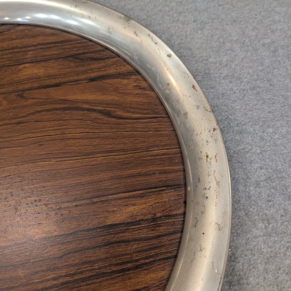 Vintage Round Wood Grain and Metal Serving Tray with Skyscraper Emblem NA307 - Picture 5 of 8